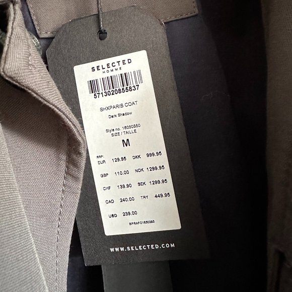 Selected Homme Trench Rain Coat - Men's Medium - Charcoal Gray - New with Tags - Picture 4 of 5